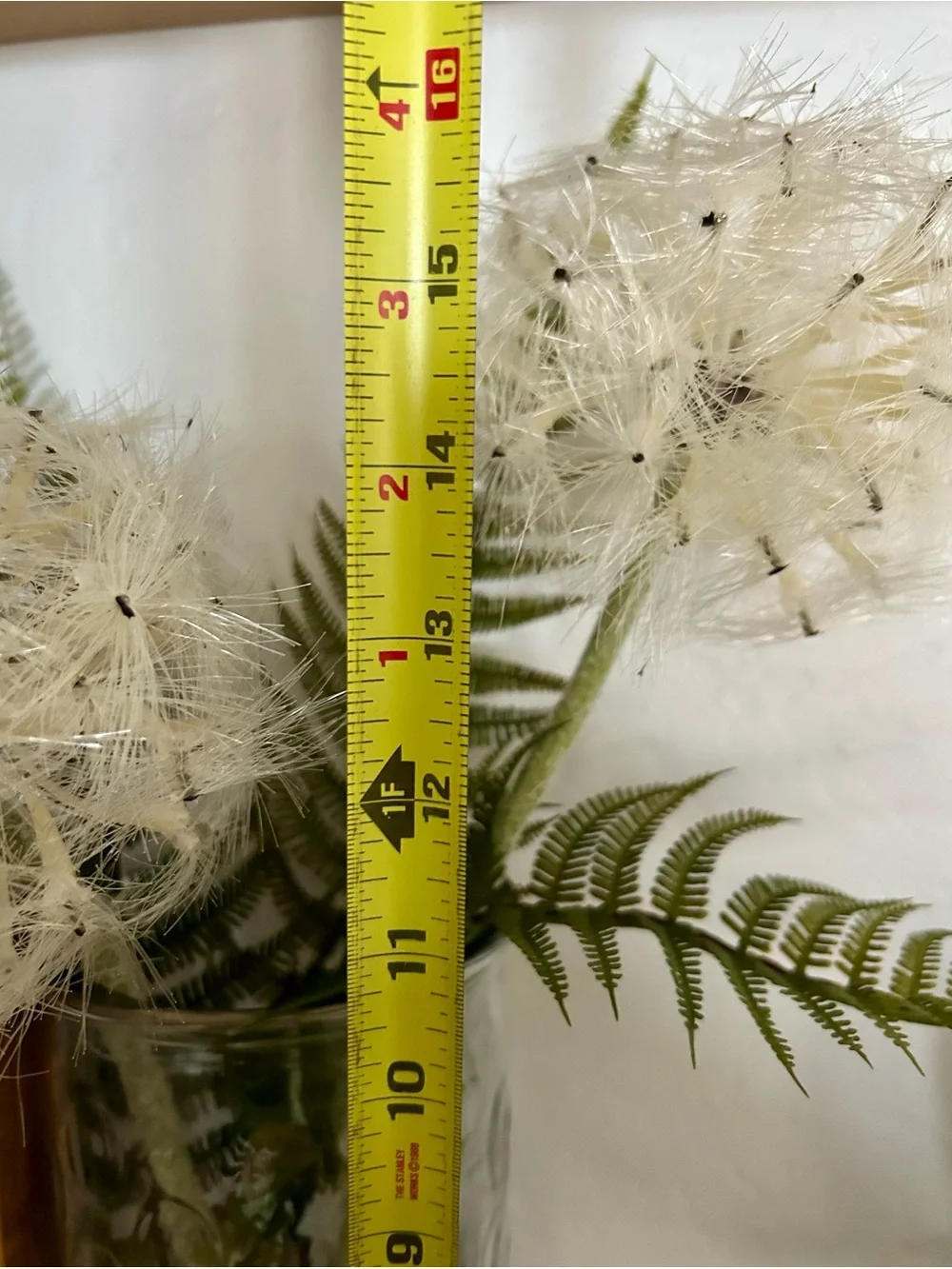 Neutral White faux Dandelion & Fern Arrangement vase moss whimsical boho rustic